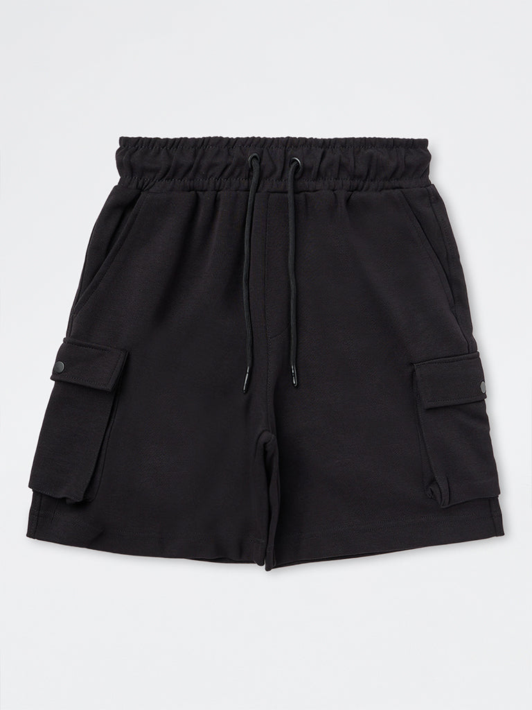 Boys Black Cargo-Style Mid-Rise Cotton-Blend Shorts