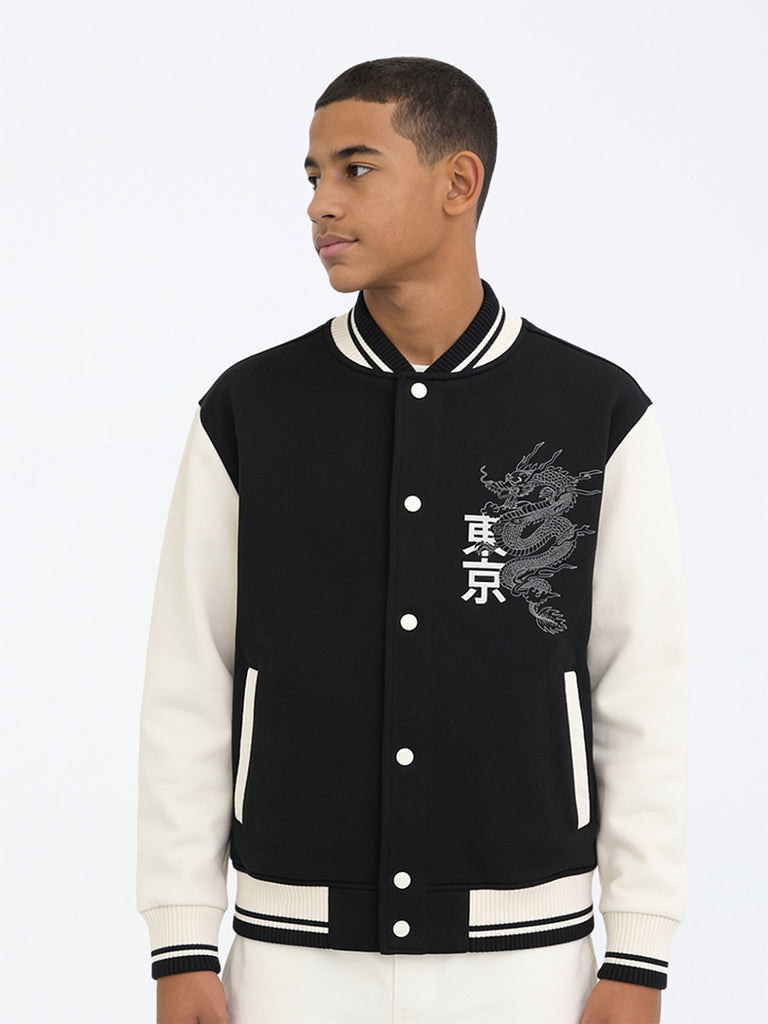 Boys Black Colour-Blocked Cotton-Blend Varsity Jacket