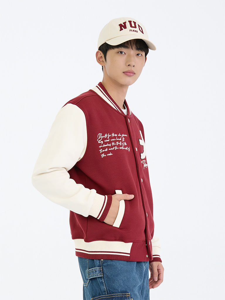 Boys Red Text Embroidered Cotton-Blend Varsity Jacket