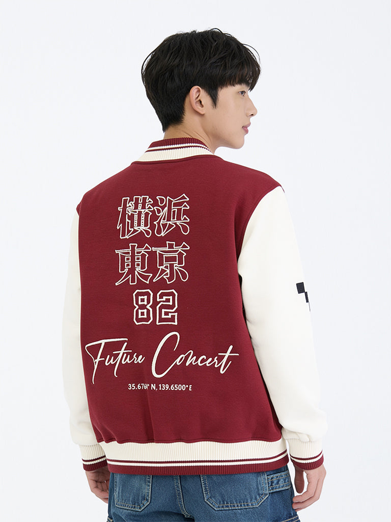Boys Red Text Embroidered Cotton-Blend Varsity Jacket