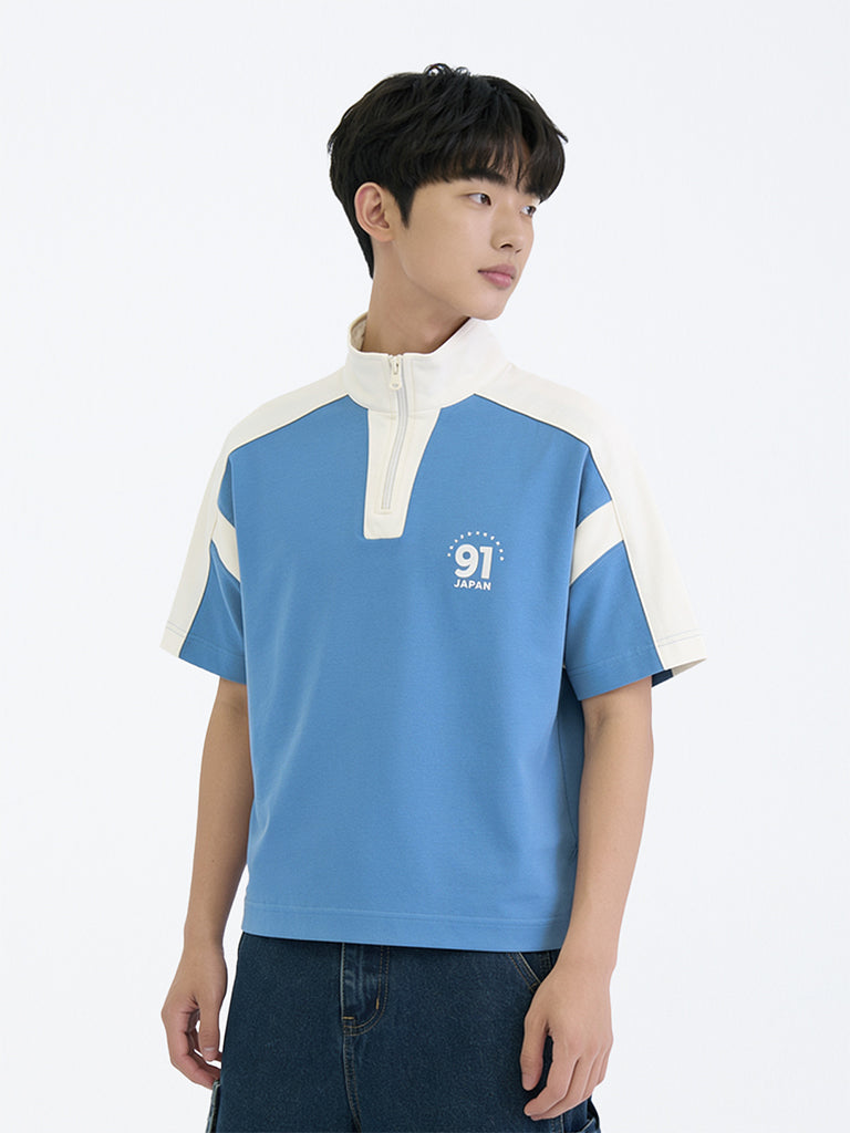 Boys Blue Colour-Blocked Quarter-Zip Cotton T-Shirt