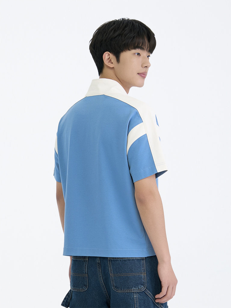 Boys Blue Colour-Blocked Quarter-Zip Cotton T-Shirt