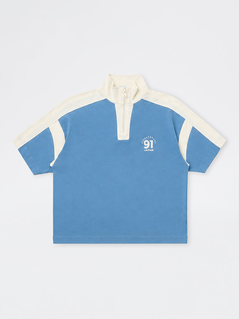 Boys Blue Colour-Blocked Quarter-Zip Cotton T-Shirt