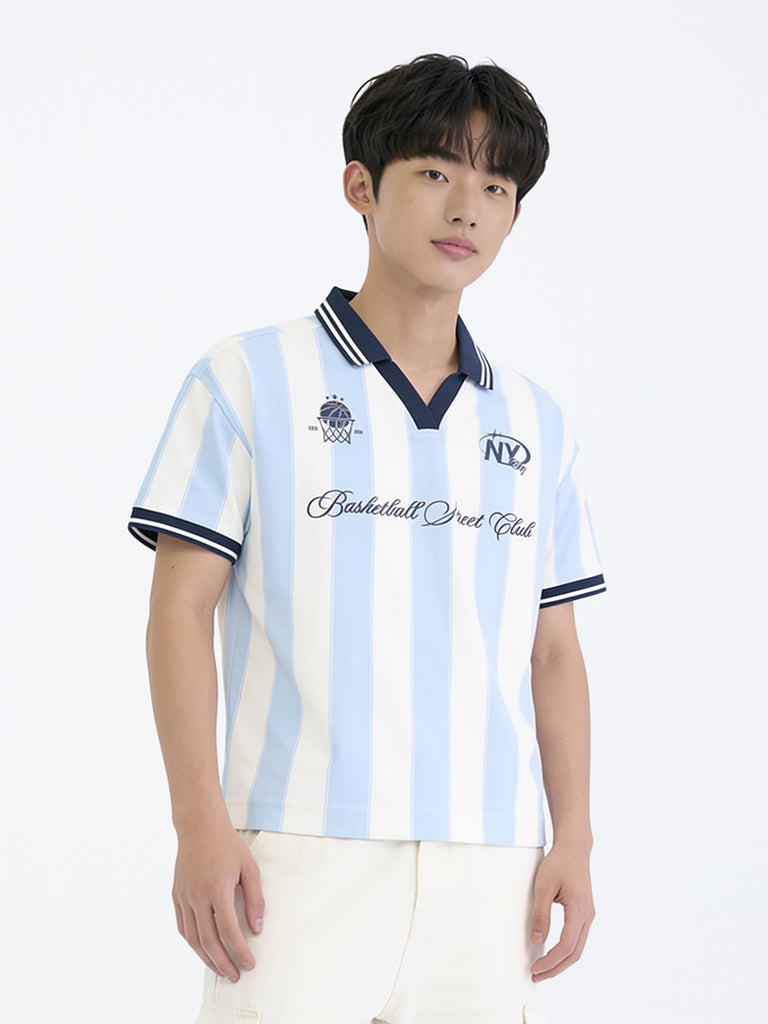 Boys Light Blue Striped Printed T-Shirt