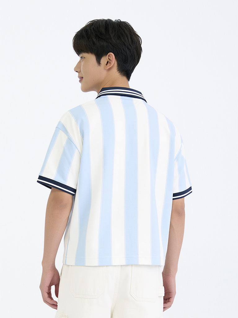 Boys Light Blue Striped Printed T-Shirt