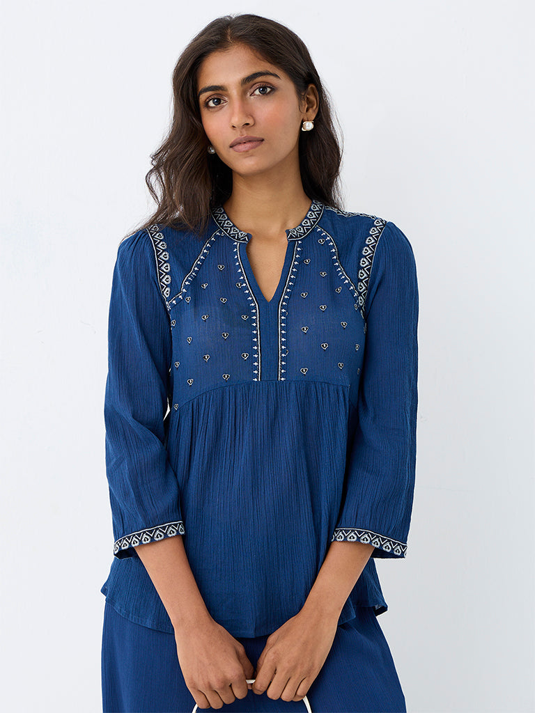 Utsa Indigo Heart Embroidered Cotton Tunic