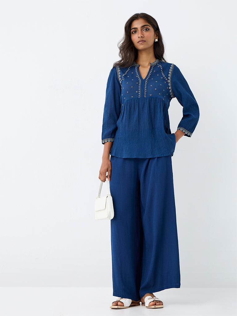 Utsa Indigo Heart Embroidered Cotton Tunic