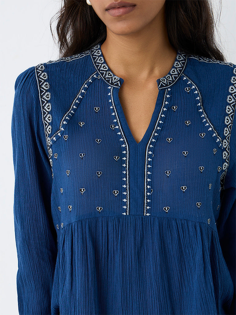 Utsa Indigo Heart Embroidered Cotton Tunic