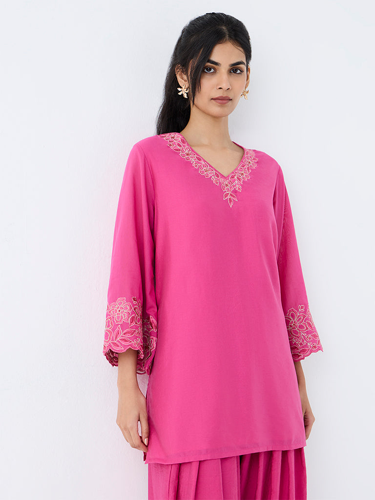 Utsa Pink Floral Embroidered Cotton-Blend Tunic