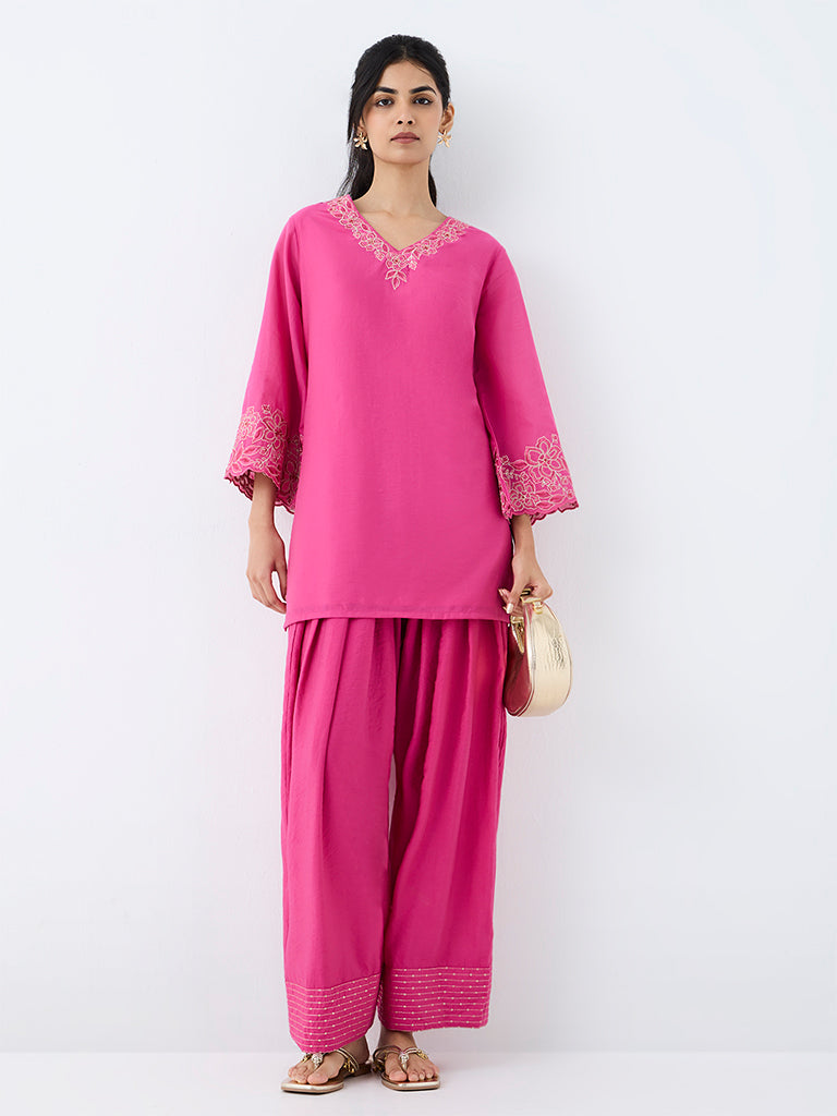 Utsa Pink Floral Embroidered Cotton-Blend Tunic