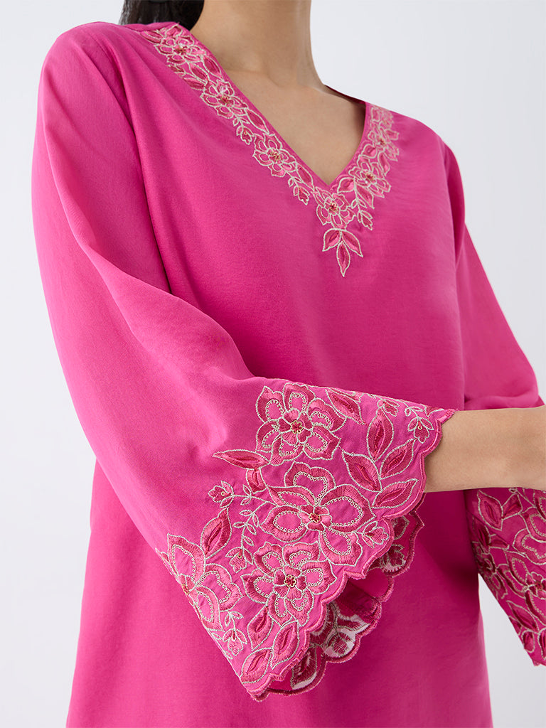 Utsa Pink Floral Embroidered Cotton-Blend Tunic