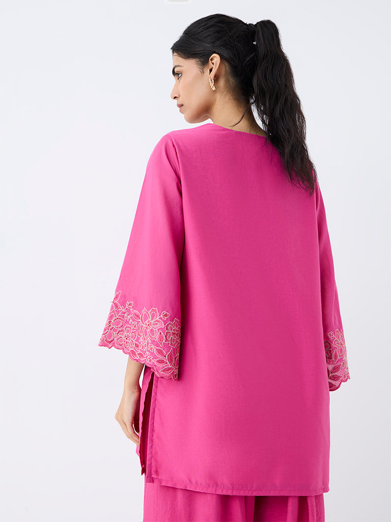 Utsa Pink Floral Embroidered Cotton-Blend Tunic
