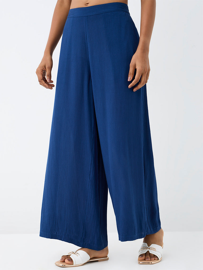 Utsa Indigo Solid Cotton Palazzos