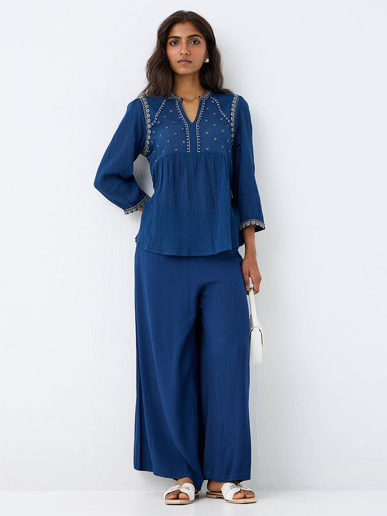 Utsa Indigo Solid Cotton Palazzos