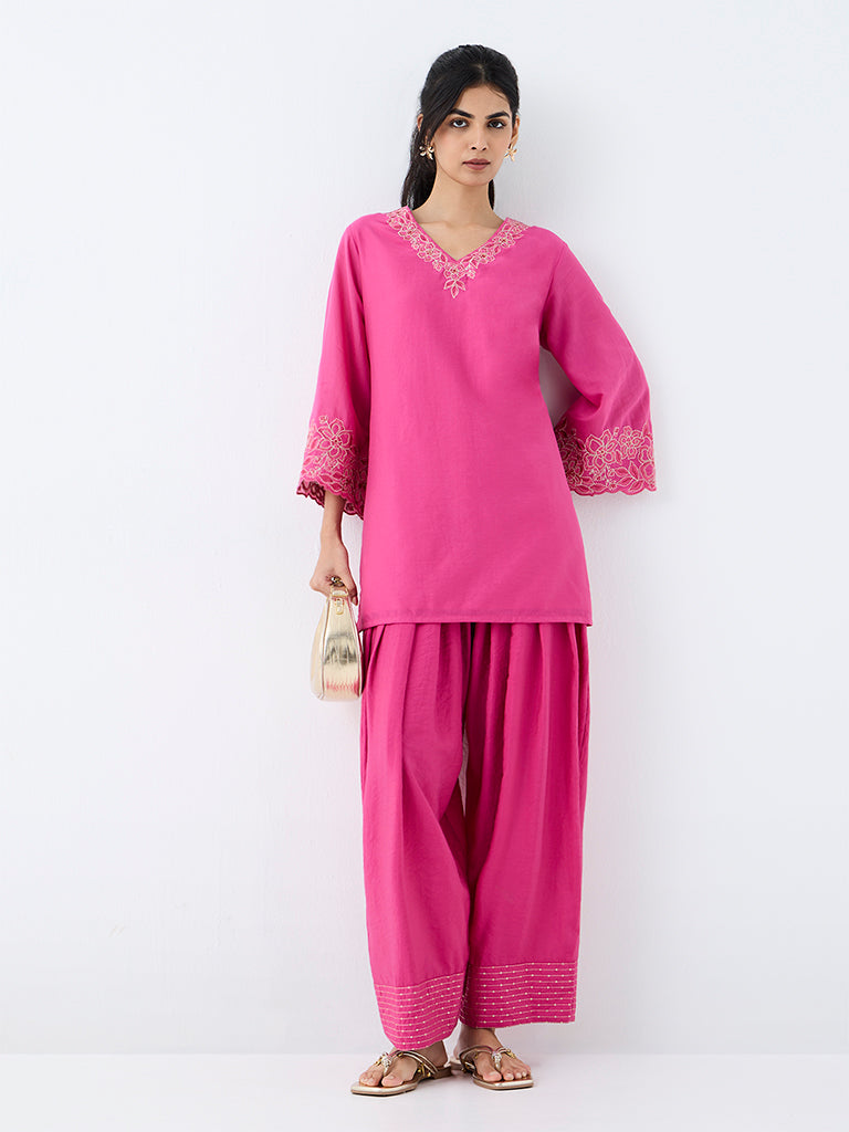 Utsa Pink Sequin-Detail Cotton-Blend Salwar