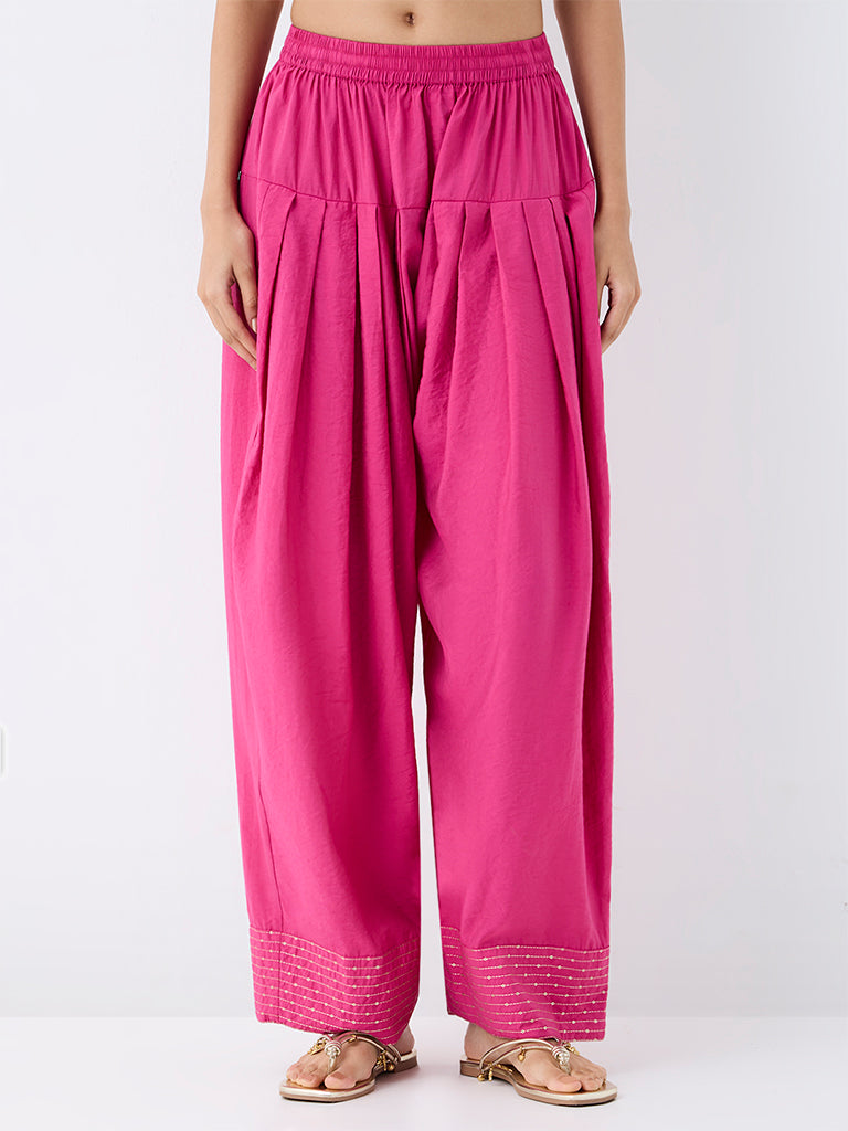 Utsa Pink Sequin-Detail Cotton-Blend Salwar