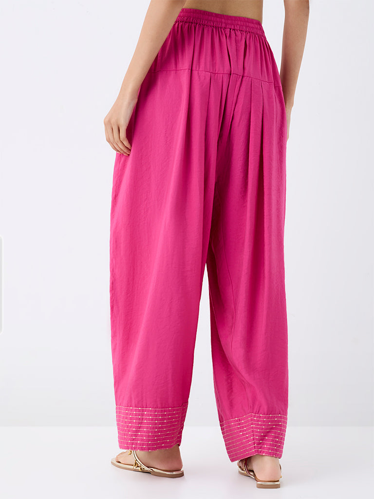 Utsa Pink Sequin-Detail Cotton-Blend Salwar