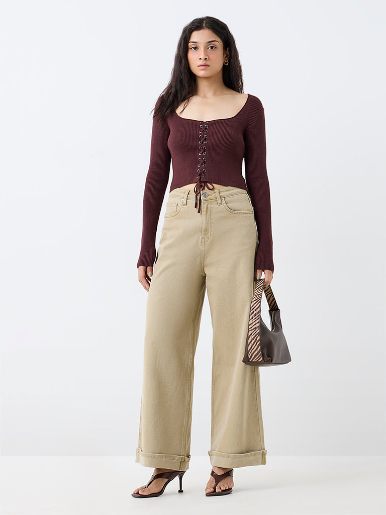 Nuon Dark Brown Criss-Cross Detail Ribbed Top