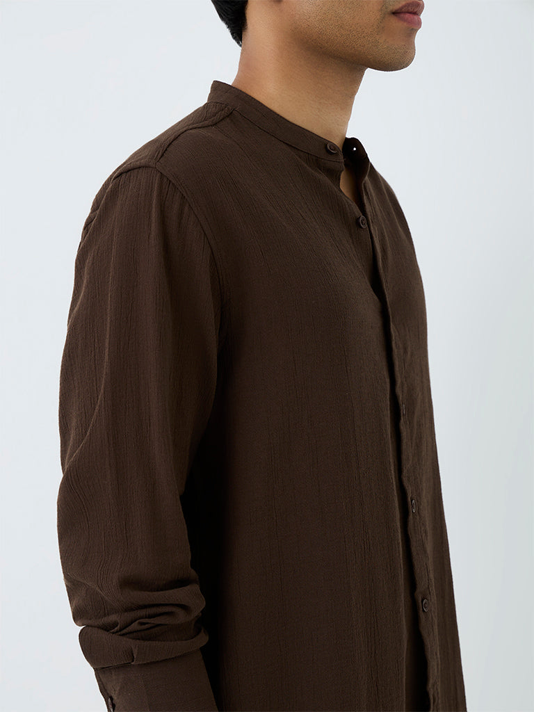 ETA Dark Brown Crinkle-Textured Relaxed-Fit Cotton Shirt