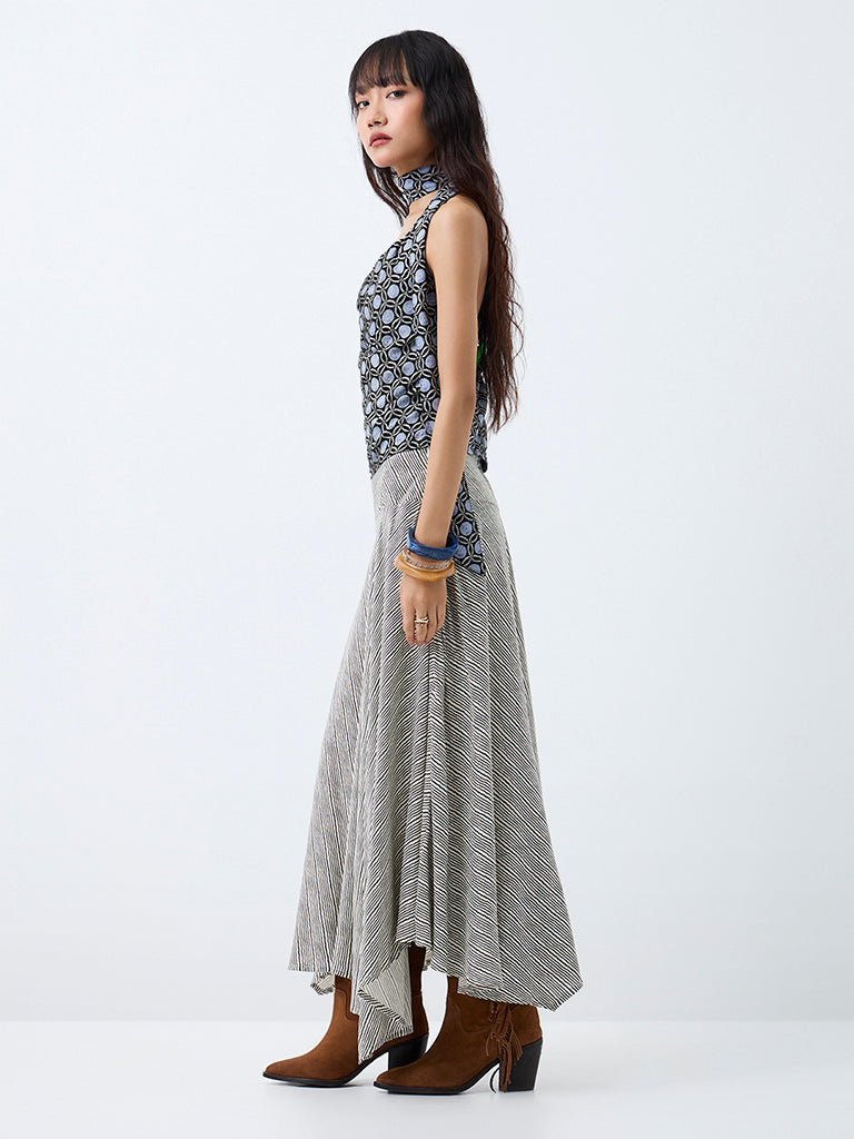 Bombay Paisley Black Striped High-Rise Asymmetrical Skirt