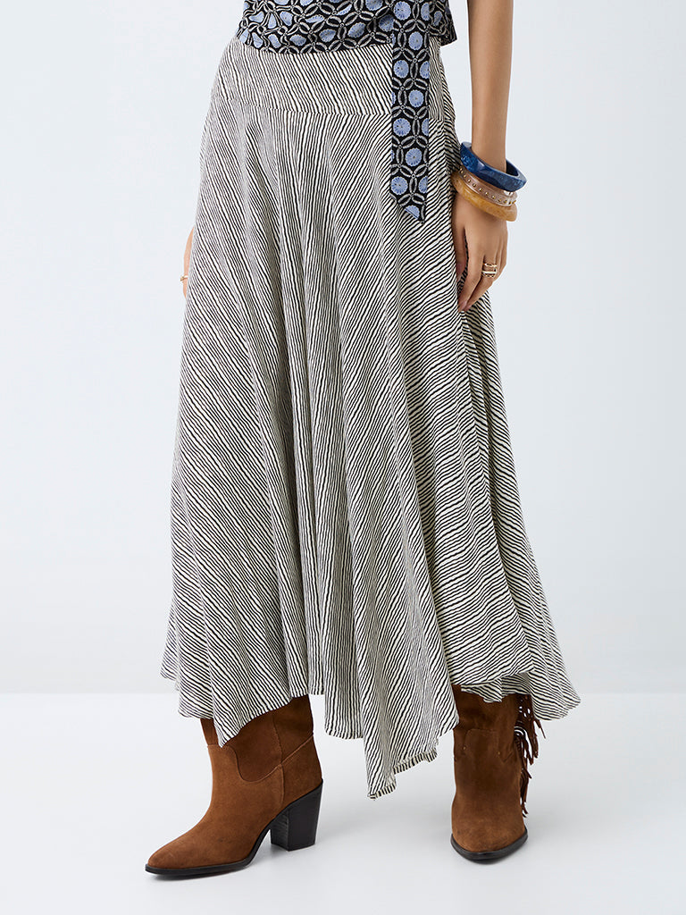 Bombay Paisley Black Striped High-Rise Asymmetrical Skirt