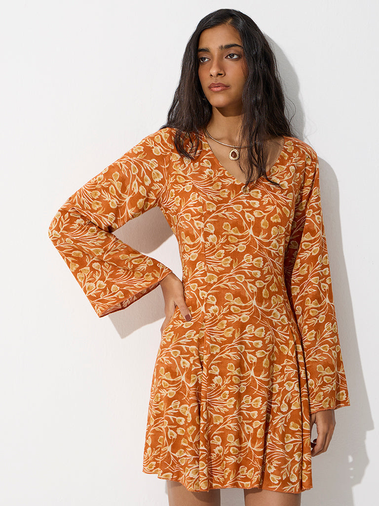 Bombay Paisley Mustard Floral Printed A-Line Dress
