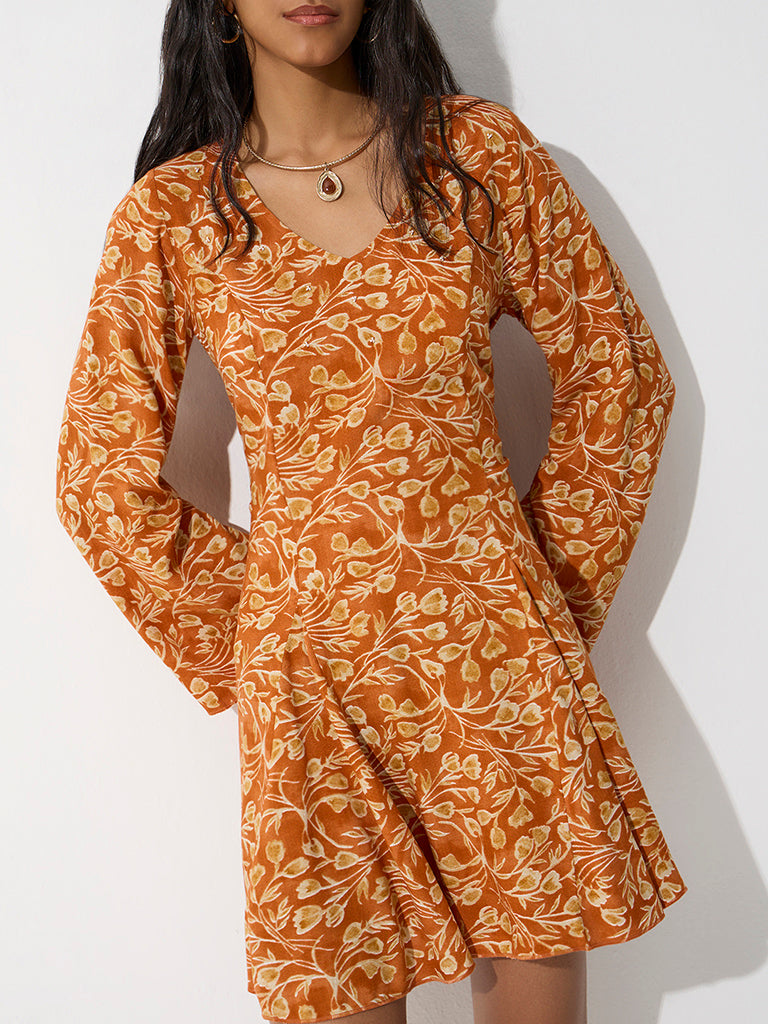 Bombay Paisley Mustard Floral Printed A-Line Dress