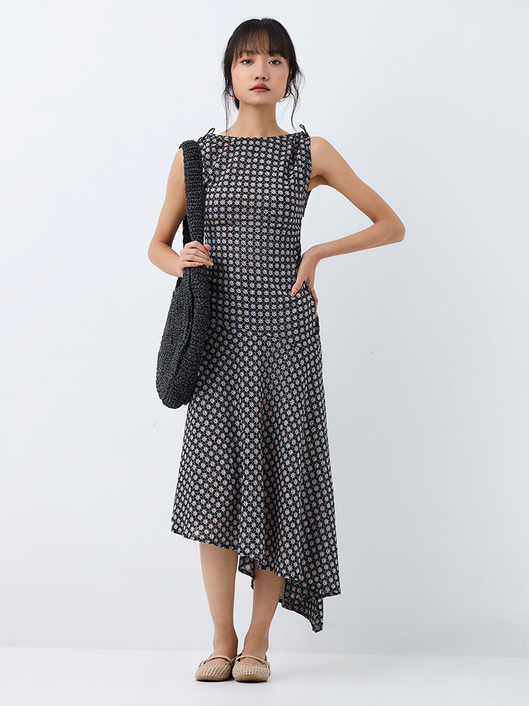 Bombay Paisley Black Floral Cotton Asymmetrical Dress