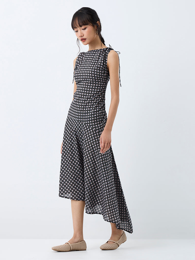 Bombay Paisley Black Floral Cotton Asymmetrical Dress