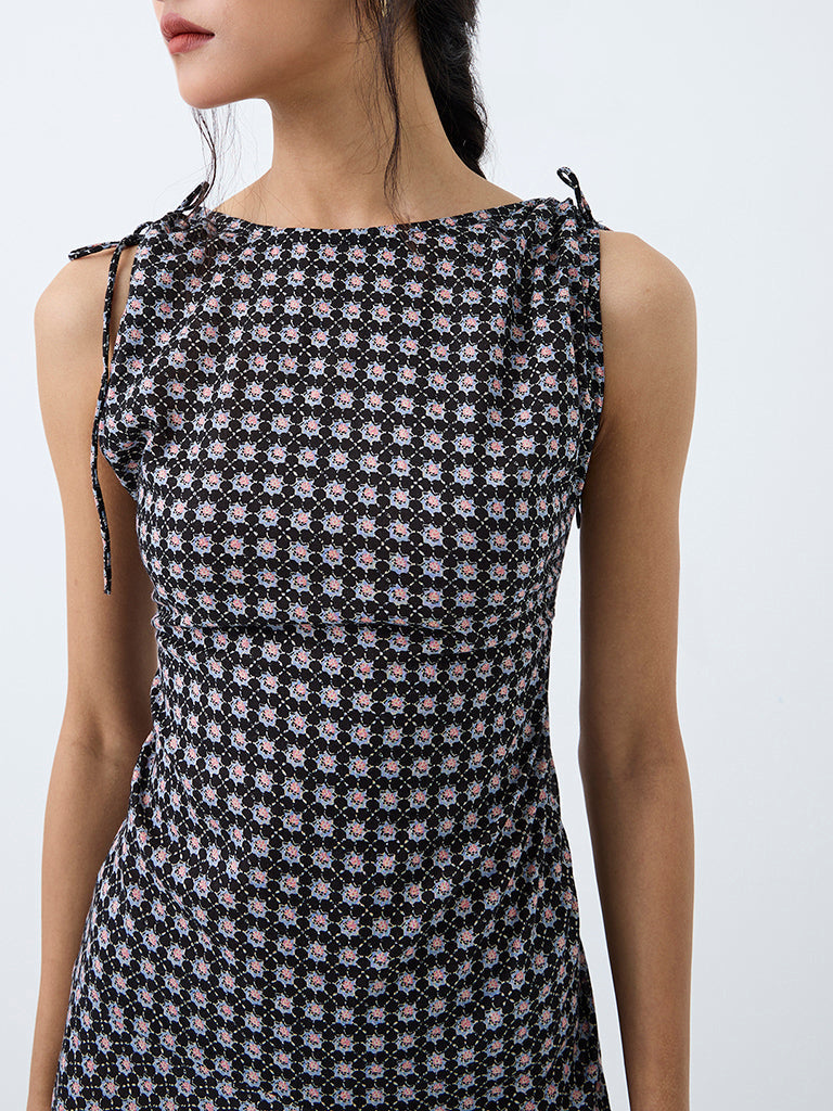 Bombay Paisley Black Floral Cotton Asymmetrical Dress