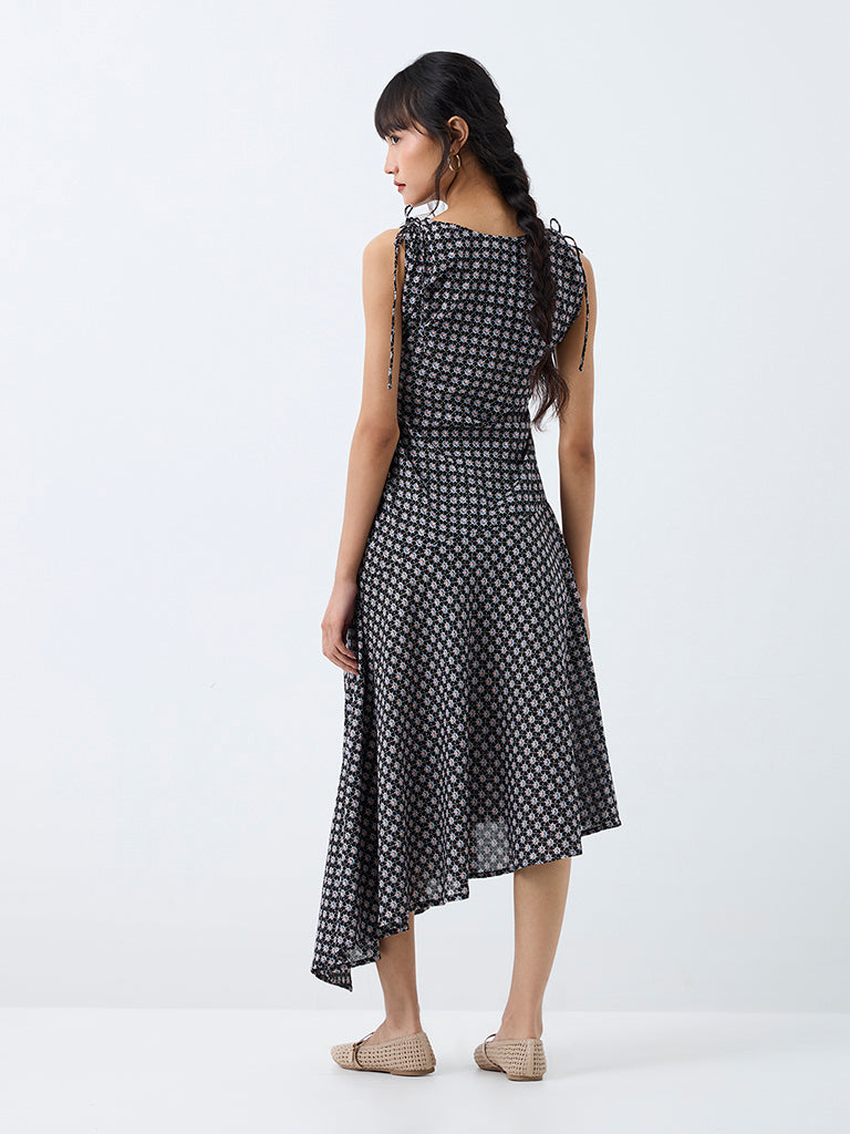 Bombay Paisley Black Floral Cotton Asymmetrical Dress
