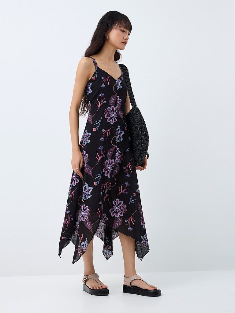 Bombay Paisley Black Floral Printed Asymmetrical Dress
