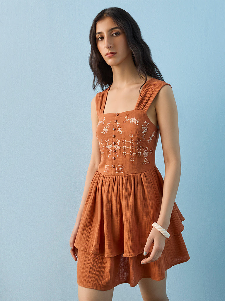 Bombay Paisley Rust Floral Embroidered Cotton Tiered Dress