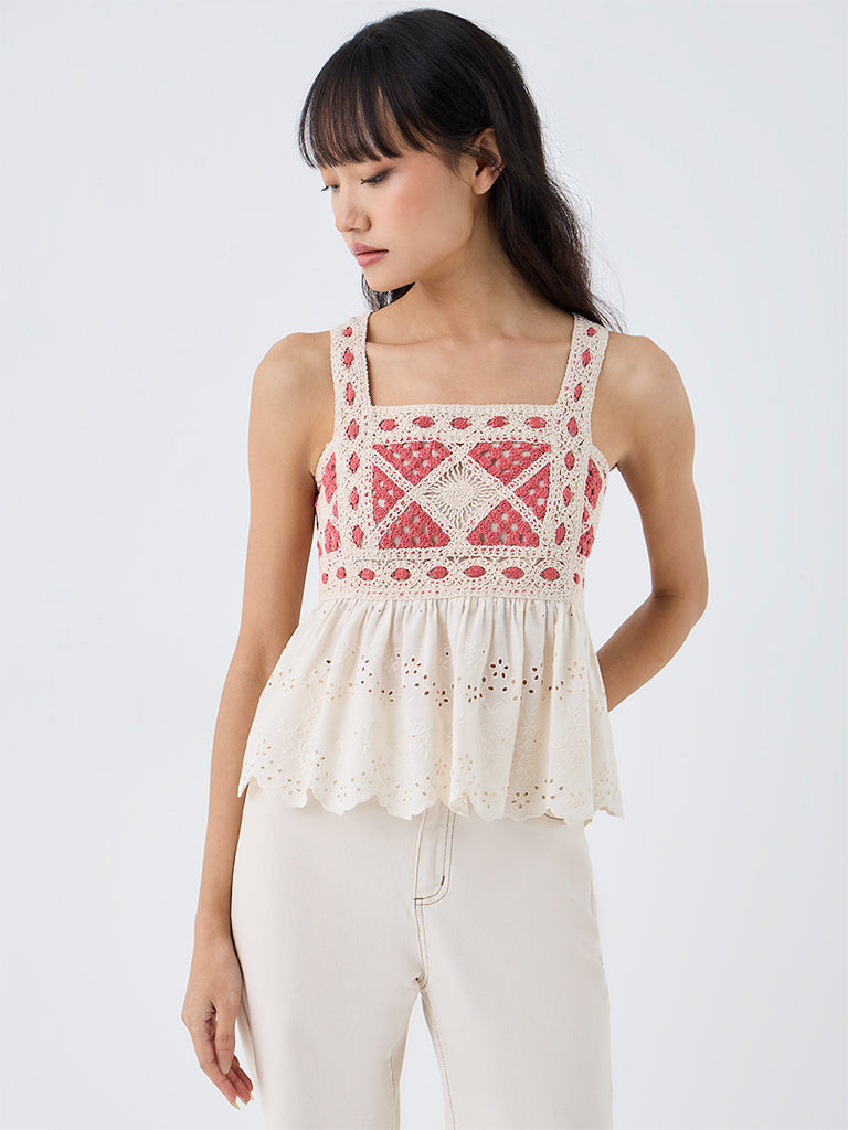 Bombay Paisley Off-White Crochet Detailed Cotton Top