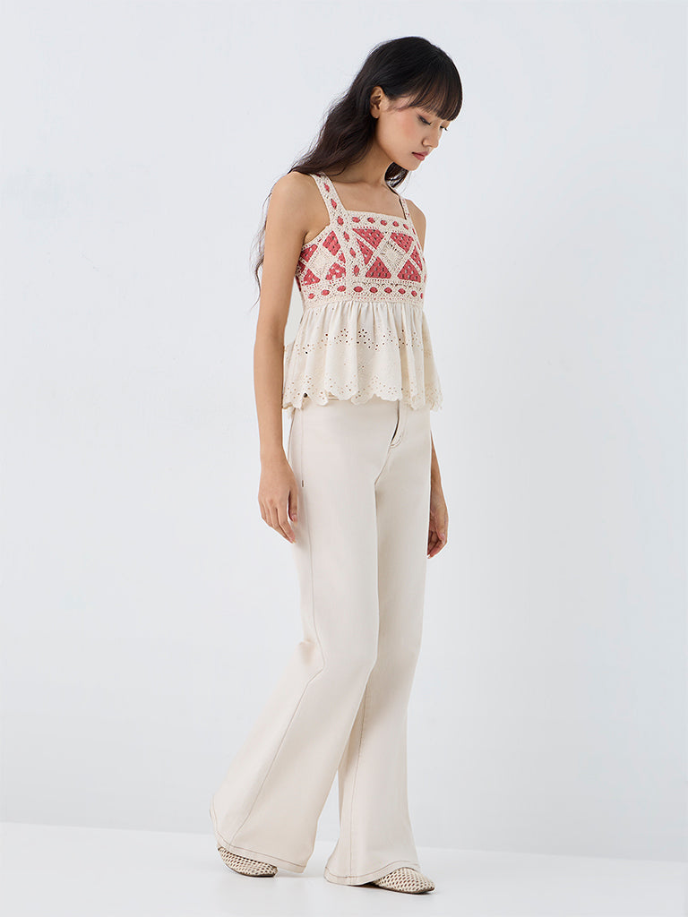 Bombay Paisley Off-White Crochet Detailed Cotton Top