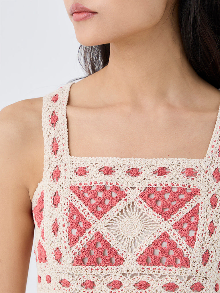 Bombay Paisley Off-White Crochet Detailed Cotton Top
