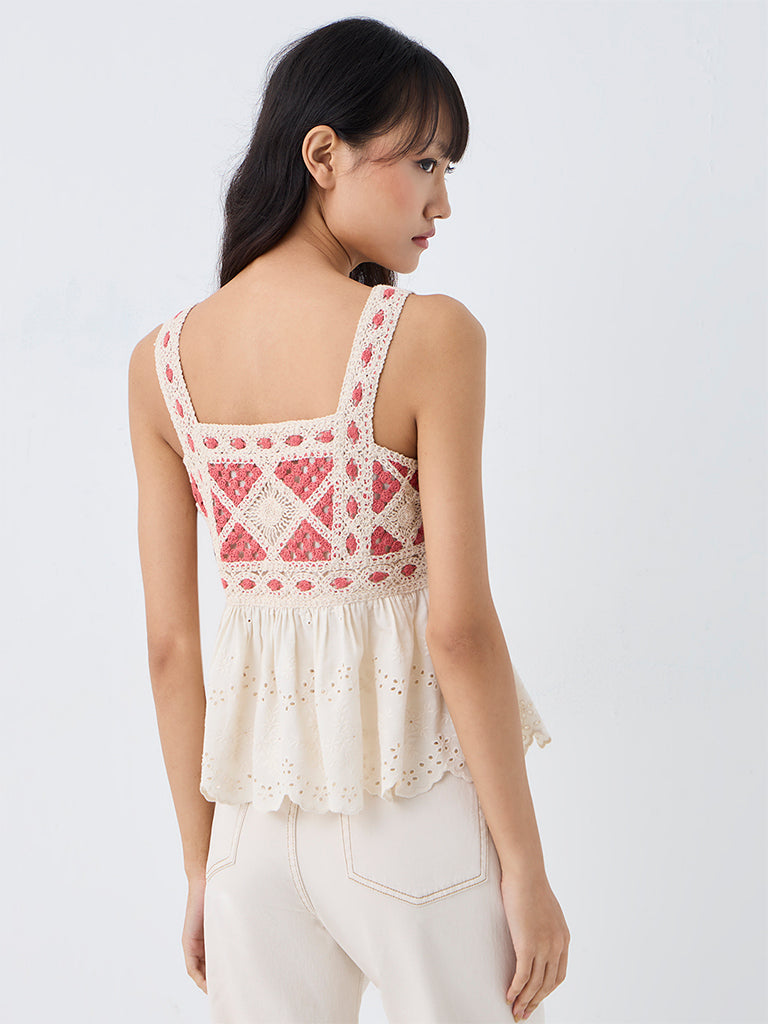Bombay Paisley Off-White Crochet Detailed Cotton Top