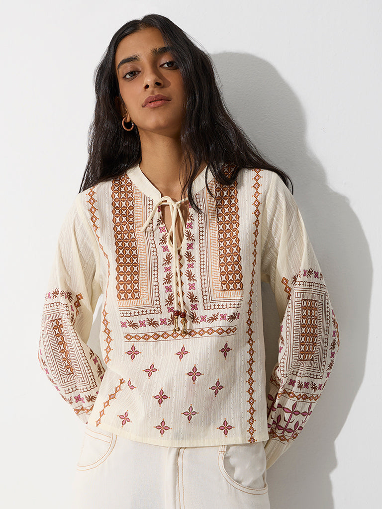 Bombay Paisley Off-White Printed Cotton Blouse