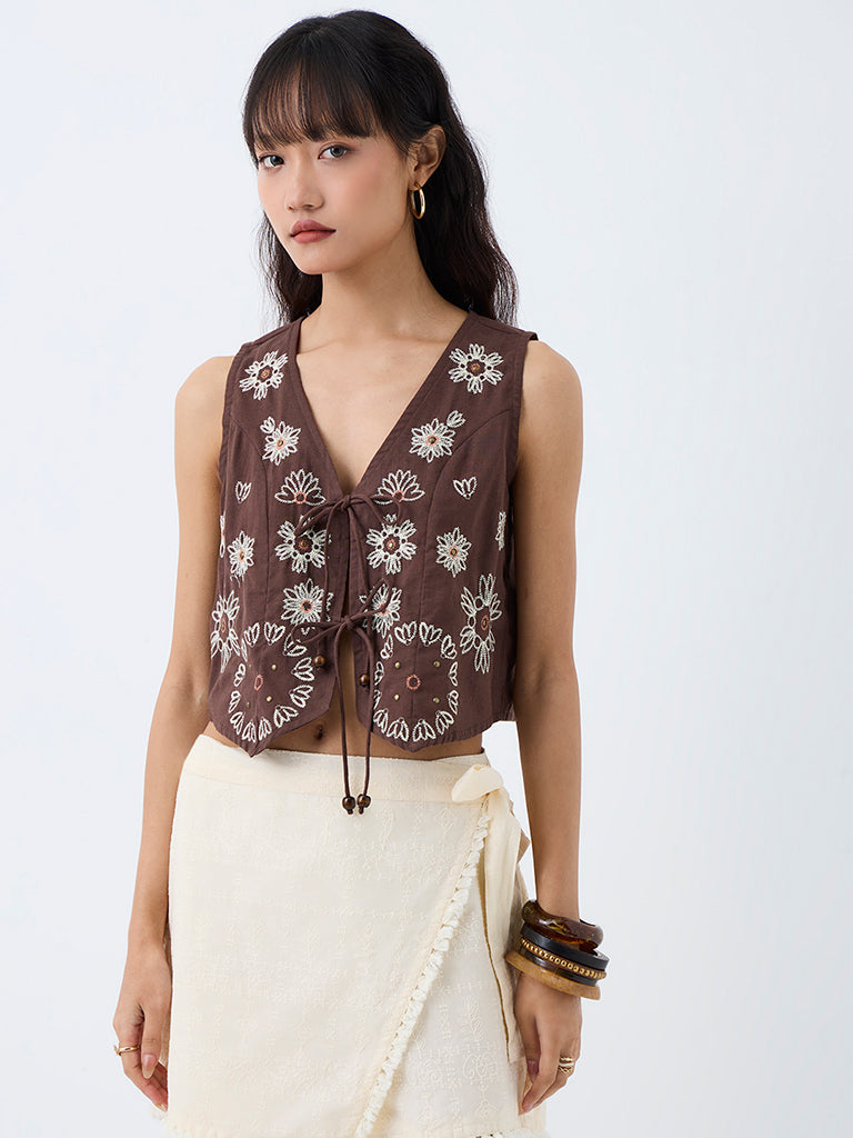 Bombay Paisley Brown Embroidered Cotton-Blend Waistcoat