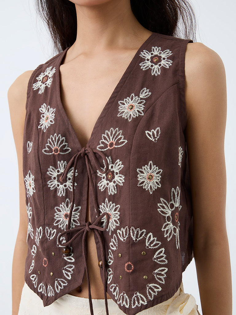 Bombay Paisley Brown Embroidered Cotton-Blend Waistcoat