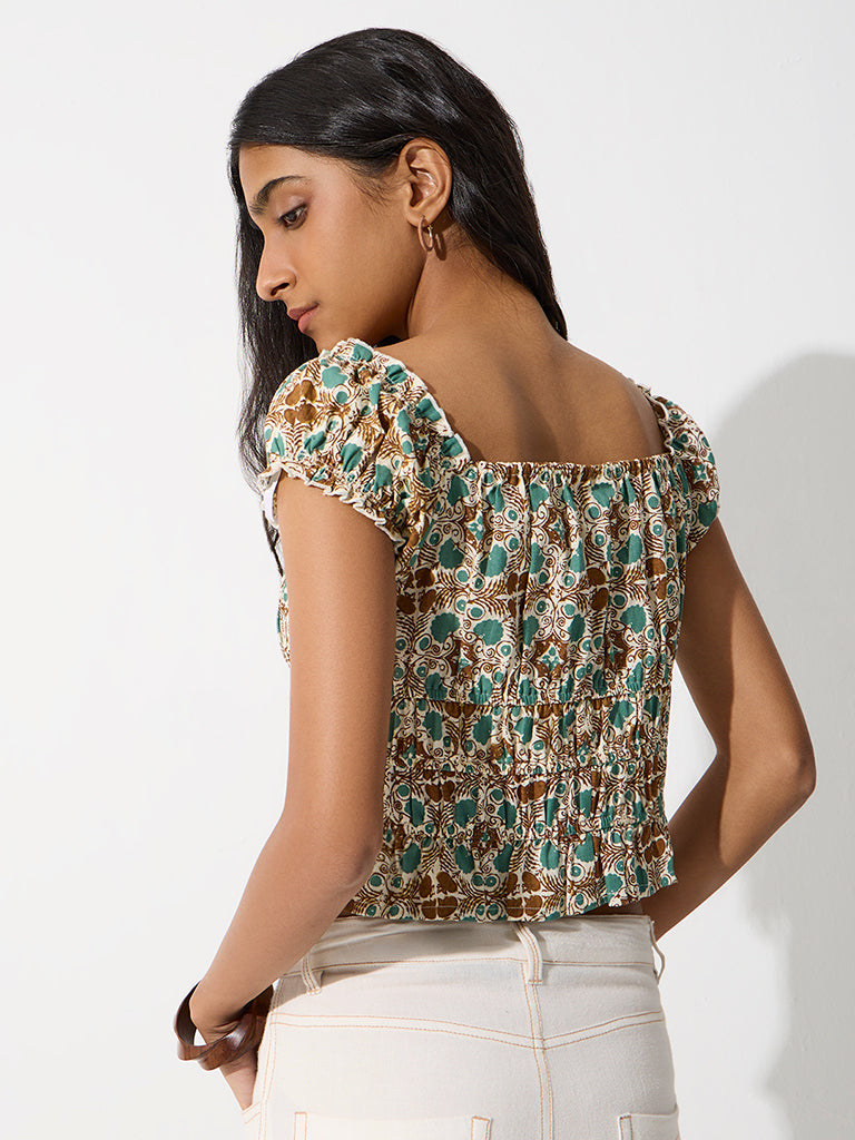 Bombay Paisley Brown and Teal Cotton-Blend Smocked Top