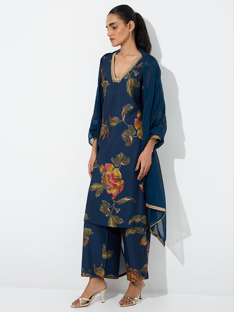 Vark Dark Blue Floral Printed Straight Ethnic Set