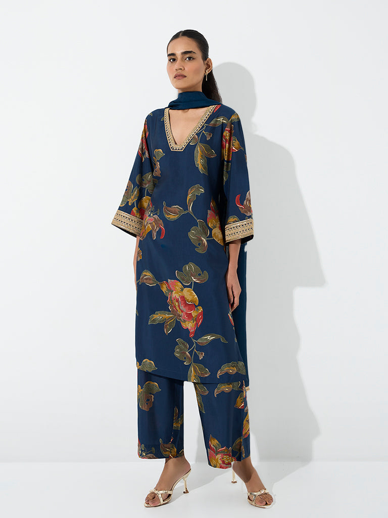 Vark Dark Blue Floral Printed Straight Ethnic Set
