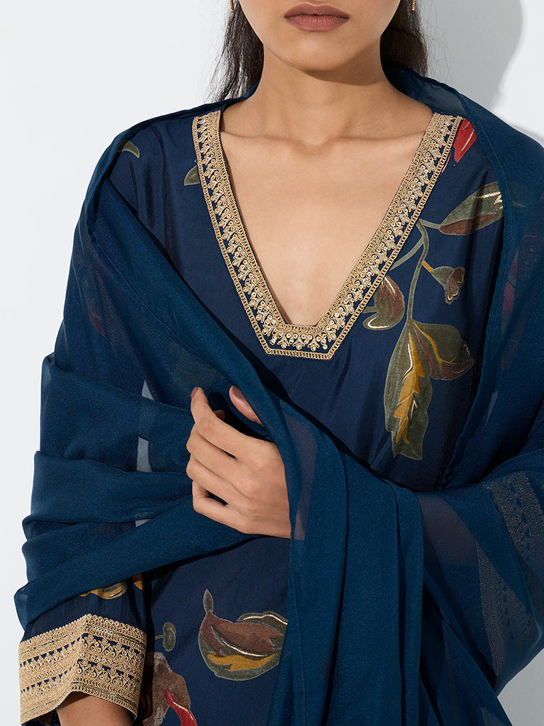 Vark Dark Blue Floral Printed Straight Ethnic Set