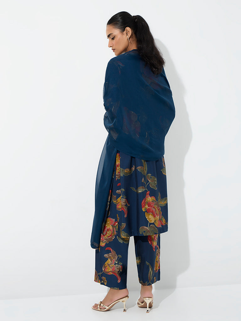 Vark Dark Blue Floral Printed Straight Ethnic Set