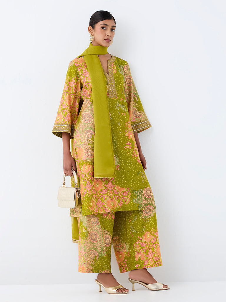 Vark Lime Green Floral Printed Straight Ethnic Set