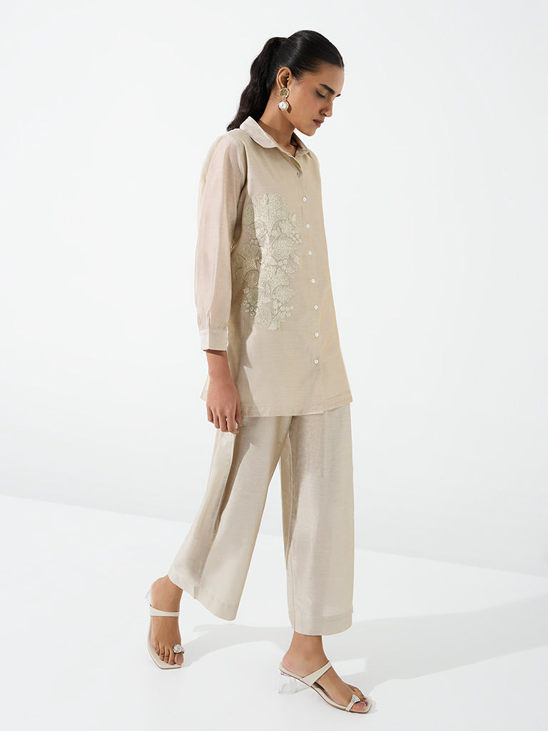 Vark Light Beige Floral Embroidered Ethnic Set