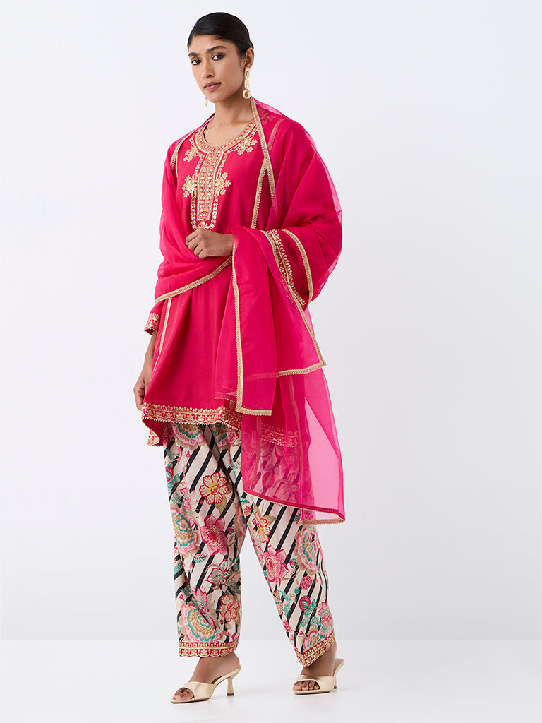 Vark Pink Floral Embroidered A-Line Ethnic Set