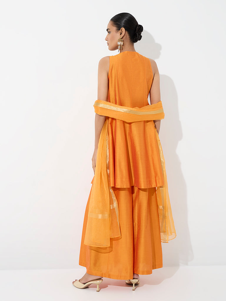 Vark Orange Floral Embroidered A-Line Ethnic Set