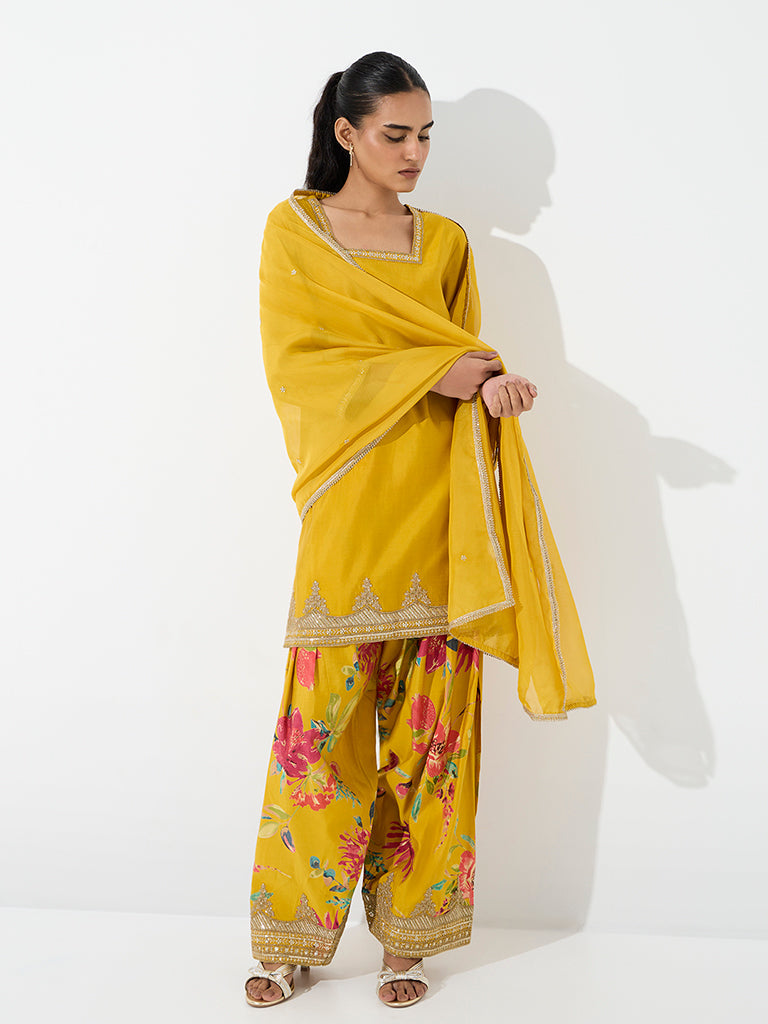 Vark Mustard Zari Embroidered A-Line Ethnic Set